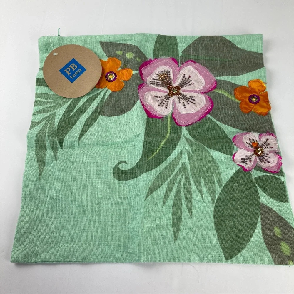 Pottery Barn PB Teen Green Floral Throw Pillowcase NWT